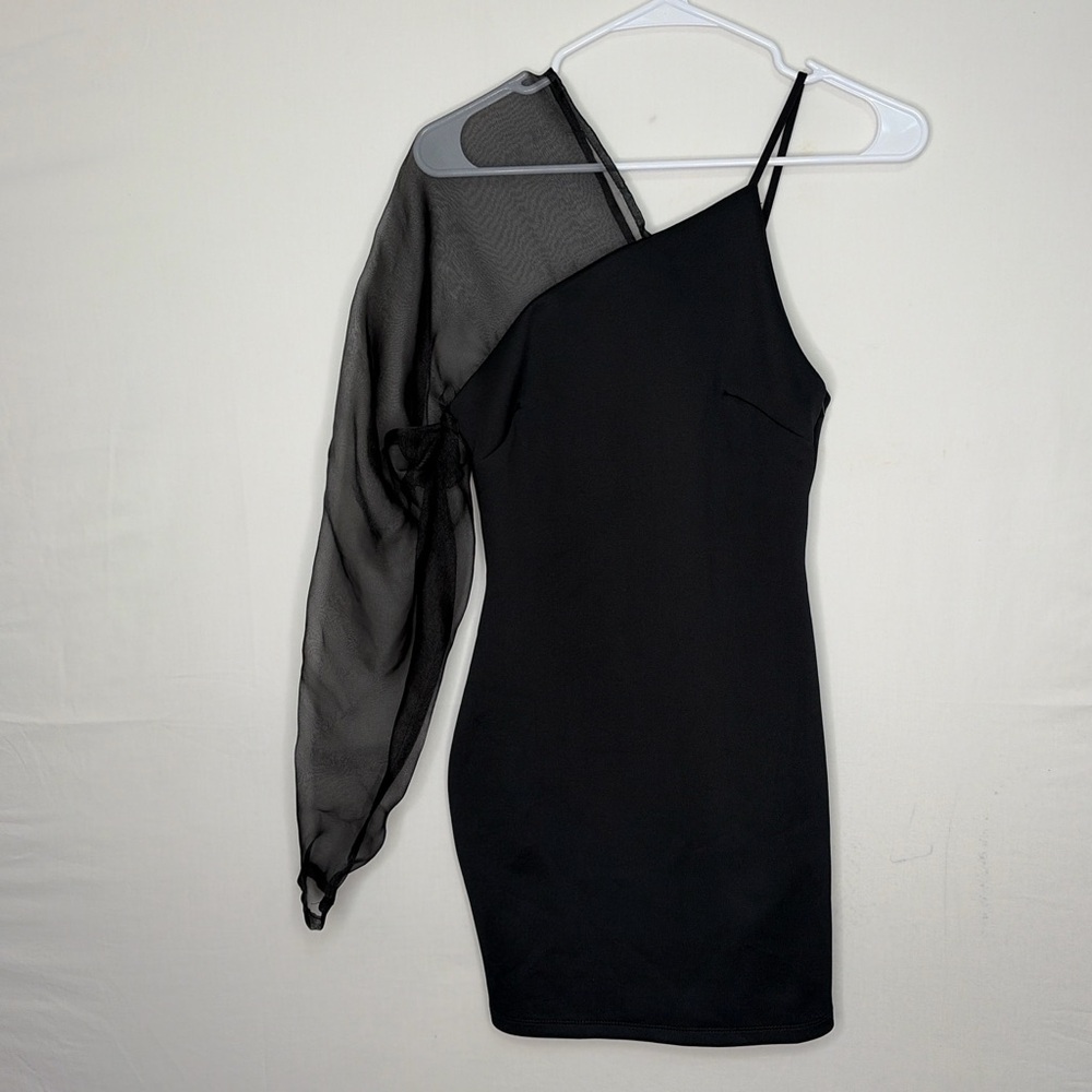 ASOS Black One Shoulder Mesh Sleeve Bodycon women’s Mini Dress US 4 EU 36(E19)✨